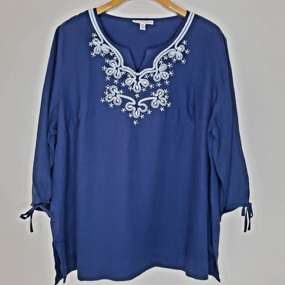 JM Collection 100% Linen Tunic Top Sz 22W Navy Blue Coastal‎ Beachy Boho Island